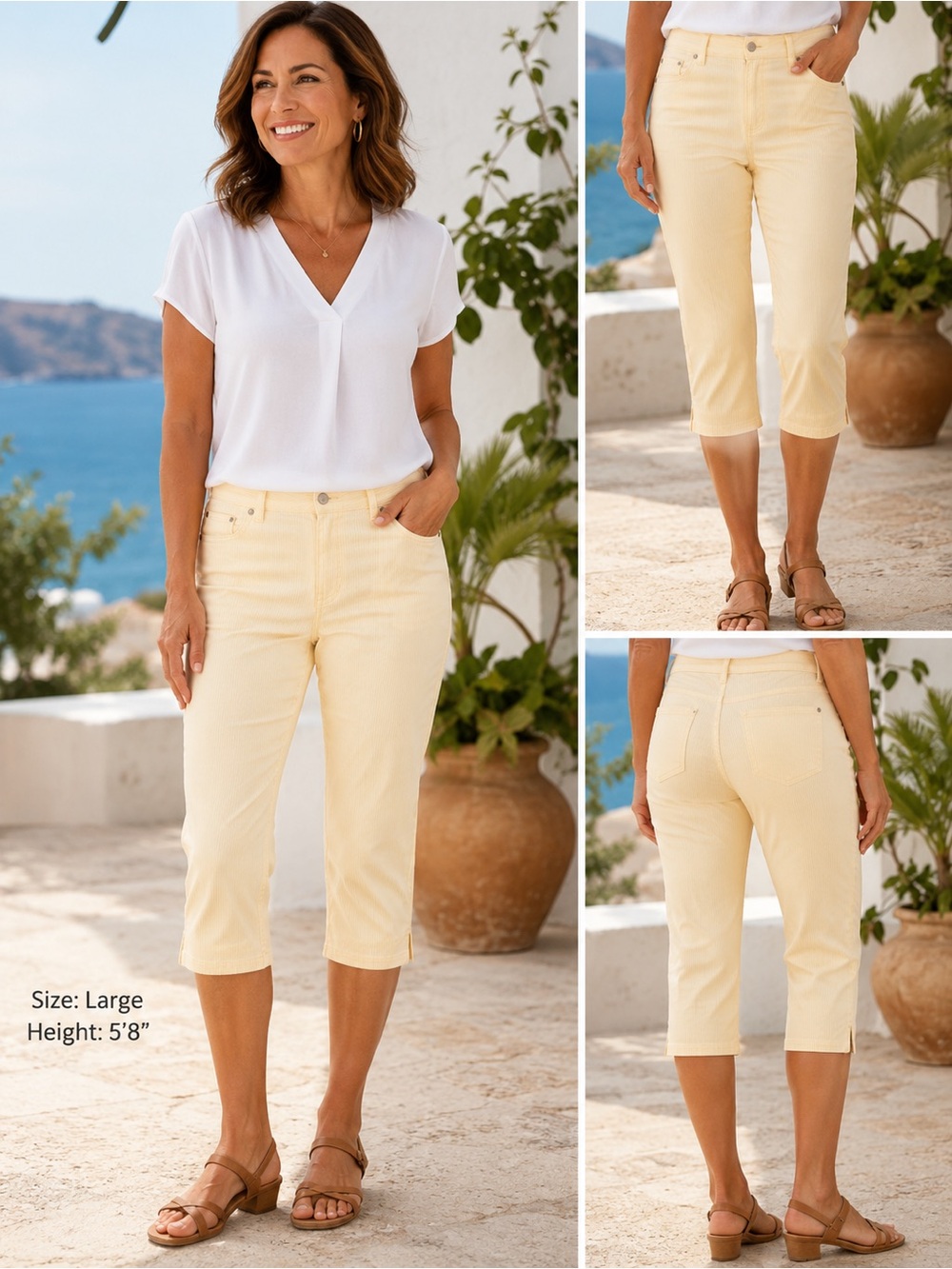 CAPRIS BUTTER YELLOW WHITE PINSTRIPES STRETCHY PULL ON SIZE LARGE NWT
